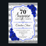 Verrassing 70ste verjaardag - Zilver Wit Royal Blu Kaart<br><div class="desc">Verrassing 70e verjaardag uitnodiging. Vrouwelijk wit,  koningsblauw ontwerp met faux glitter zilver. Met strepen,  marine rozen,  script lettertype en confetti. Perfect voor een elegant verjaardagsfeestje. Kan worden gepersonaliseerd om elke leeftijd te shows. Stuur me een bericht als je verder moet worden aangepast.</div>