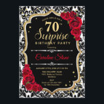 Verrassing 70ste verjaardag - Zwart Goud Rood Uitn Kaart<br><div class="desc">Verrassing 70e verjaardag uitnodiging. Vrouwelijk zwart,  rood design met faux glitter goud. Beschikt over damast patroon,  rode rozen,  script lettertype en confetti. Perfect voor een elegant verjaardagsfeestje. Kan worden gepersonaliseerd om elke leeftijd te shows. Stuur me een bericht als je verder moet worden aangepast.</div>
