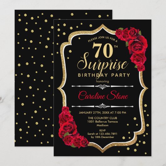 Verrassing 70ste verjaardag - Zwart Goud Rood Uitn Kaart (Voorkant / Achterkant)