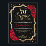 Verrassing 70ste verjaardag - Zwart Goud Rood Uitn Kaart<br><div class="desc">Verrassing 70e verjaardag uitnodiging. Vrouwelijk zwart,  rood design met faux glitter goud. Beschikt over rode rozen,  script lettertype en confetti. Perfect voor een elegant verjaardagsfeestje. Kan worden gepersonaliseerd om elke leeftijd te shows. Stuur me een bericht als je verder moet worden aangepast.</div>