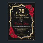 Verrassing 70ste verjaardag - Zwart Goud Rood Uitn Kaart<br><div class="desc">Verrassing 70e verjaardag uitnodiging. Vrouwelijk zwart,  rood design met faux glitter goud. Beschikt over rode rozen,  script lettertype en confetti. Perfect voor een elegant verjaardagsfeestje. Kan worden gepersonaliseerd om elke leeftijd te shows. Stuur me een bericht als je verder moet worden aangepast.</div>