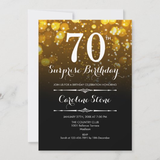 Verrassing 70ste verjaardag - Zwart Goud Wit Kaart (Voorkant)