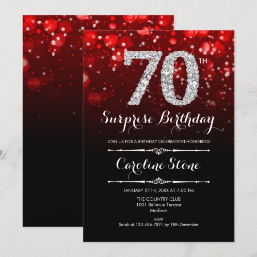 Verrassing 70ste verjaardag - Zwart Rood Zilver Kaart (Voorkant / Achterkant)
