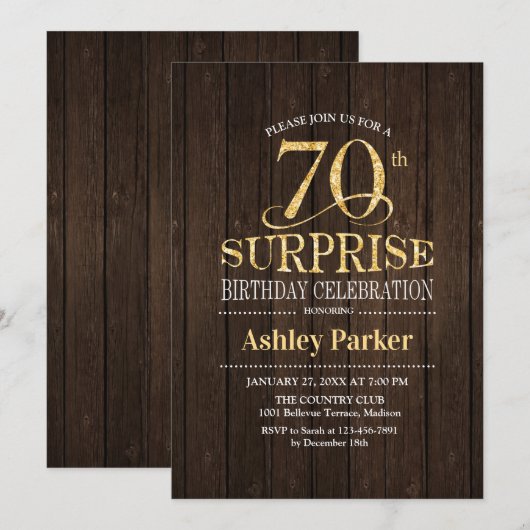Verrassing 70ste Verjaardagsfeest - Goud Hout Kaart (Voorkant / Achterkant)