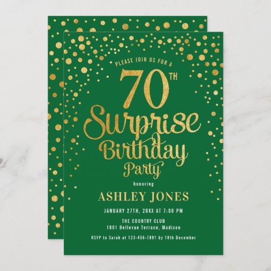 Verrassing 70ste Verjaardagsfeest - Groen & Goud Kaart (Voorkant / Achterkant)