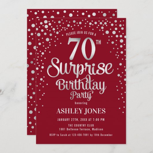 Verrassing 70ste Verjaardagsfeest - Zilver & Rood Kaart (Voorkant / Achterkant)