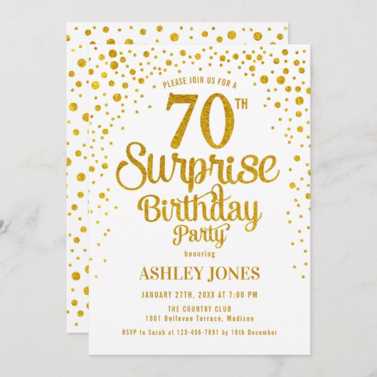 Verrassing 70ste verjaardagsfeestje - Goud & Wit Kaart (Voorkant / Achterkant)