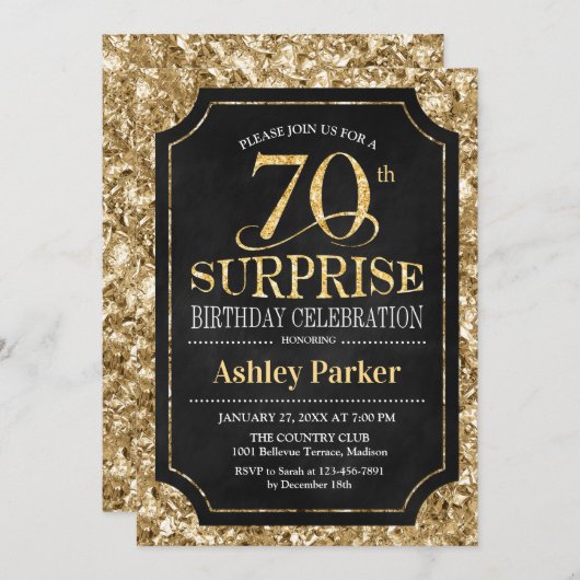 Verrassing 70ste verjaardagsfeestje - Goud Zwart Kaart (Voorkant / Achterkant)
