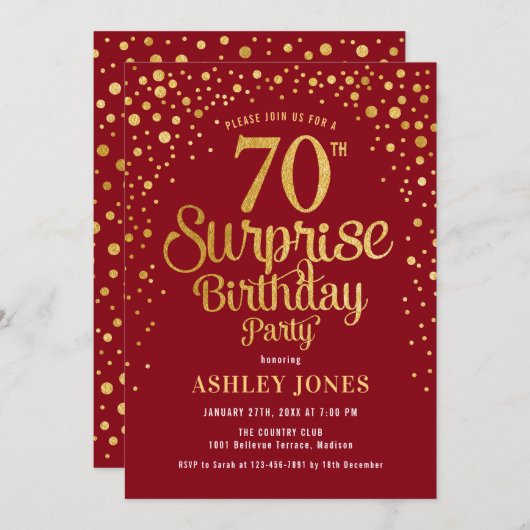 Verrassing 70ste verjaardagsfeestje - Rood & Goud Kaart (Voorkant / Achterkant)