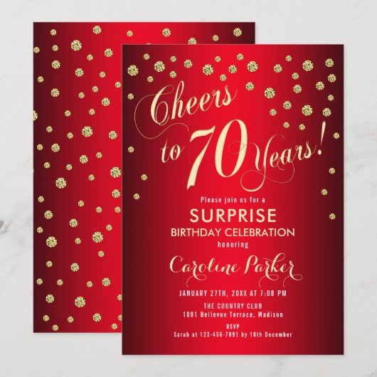 Verrassing 70ste verjaardagsfeestje - rood goud kaart (Voorkant / Achterkant)