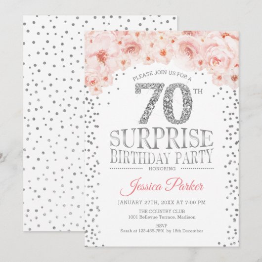 Verrassing 70ste verjaardagsfeestje - wit zilver r kaart (Voorkant / Achterkant)
