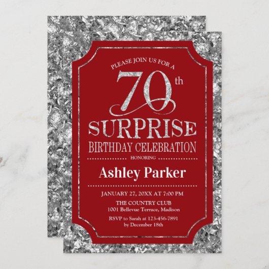 Verrassing 70ste verjaardagsfeestje - zilver rood kaart (Voorkant / Achterkant)
