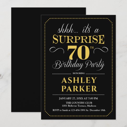 Verrassing 70ste verjaardagsfeestje - Zwart Goud Kaart (Voorkant / Achterkant)