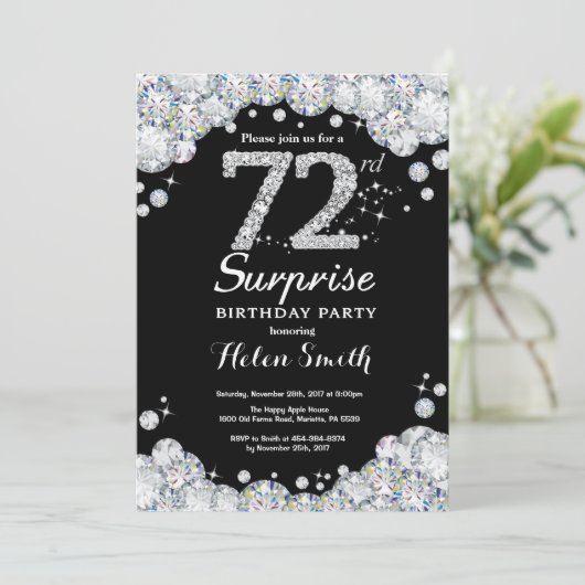 Verrassing 72e Verjaardag Uitnodiging Zilveren Dia (Staand voorkant)
