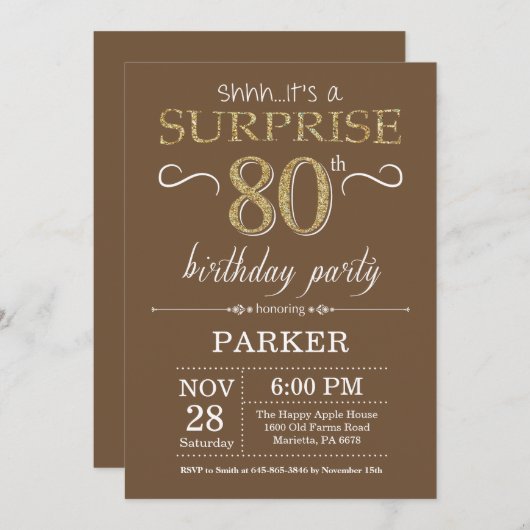 Verrassing 80e verjaardag Bruin en Goud Glitter Kaart (Voorkant / Achterkant)