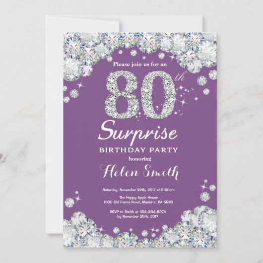 Verrassing 80e verjaardag Paarse en zilveren diama Kaart (Voorkant)