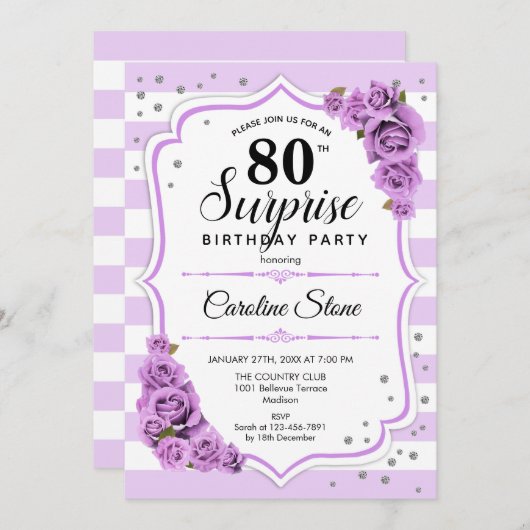 Verrassing 80e Verjaardag - Paarse Wit Kaart (Voorkant / Achterkant)