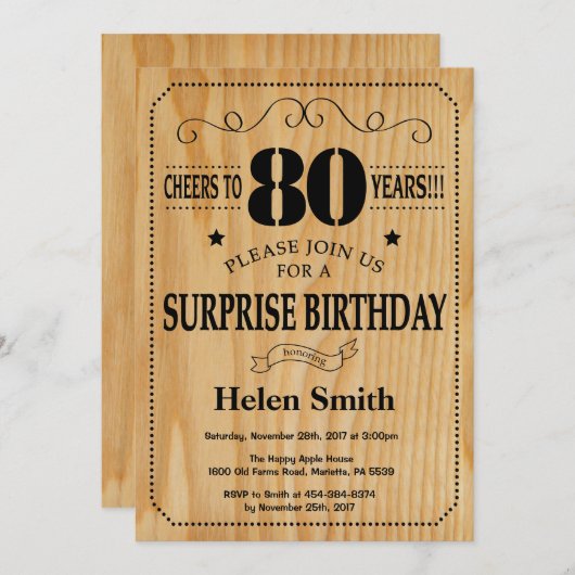 Verrassing 80e verjaardag rustiek hout kaart (Voorkant / Achterkant)