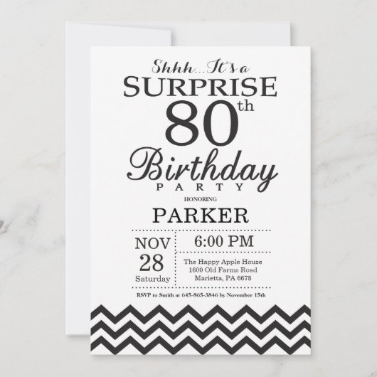 Verrassing 80e verjaardag uitnodiging Black Chevro (Voorkant)