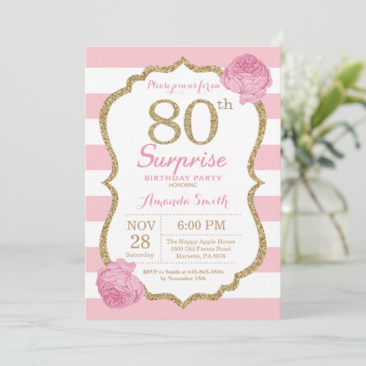 Verrassing 80e verjaardag uitnodiging roze en goud (Staand voorkant)