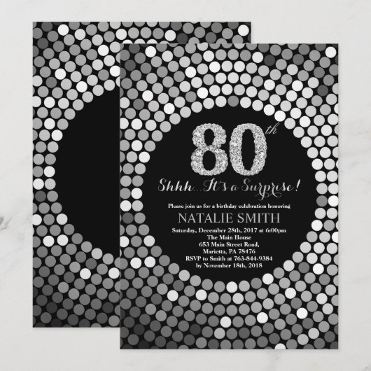 Verrassing 80e verjaardag zwart en zilver glitter kaart (Voorkant / Achterkant)