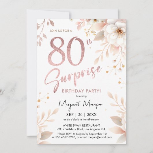 Verrassing 80e Verjaardagsfeestje Roos Goud Meisje Kaart (Voorkant)