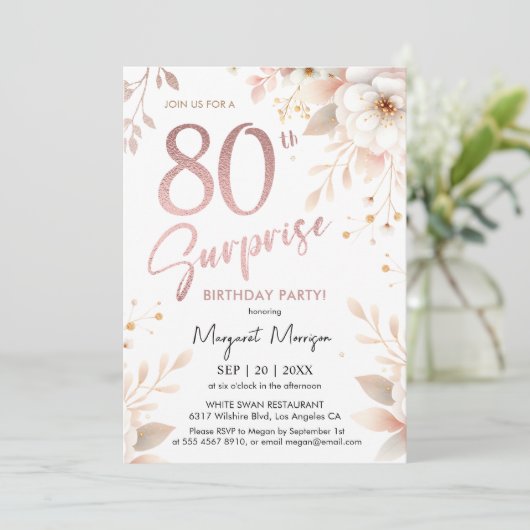 Verrassing 80e Verjaardagsfeestje Roos Goud Meisje Kaart (Staand voorkant)