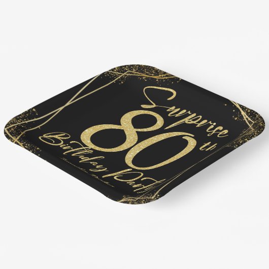 Verrassing 80e Verjaardagsfeestje Zwart & Goud Gli Papieren Bordje (Gebogen)