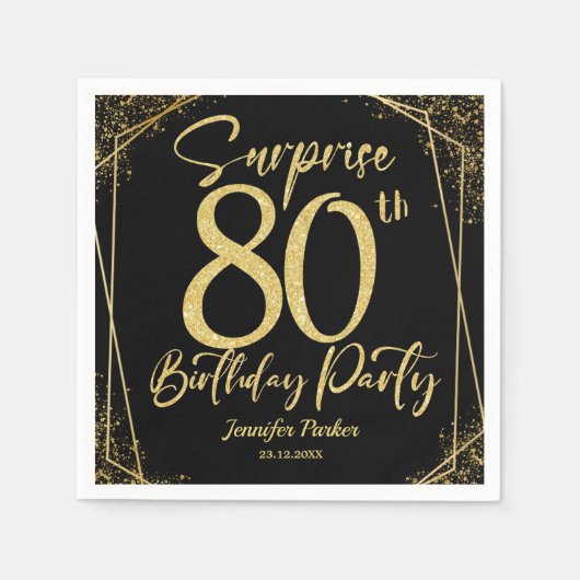 Verrassing 80e Verjaardagsfeestje Zwart & Goud Gli Servet (Voorkant)