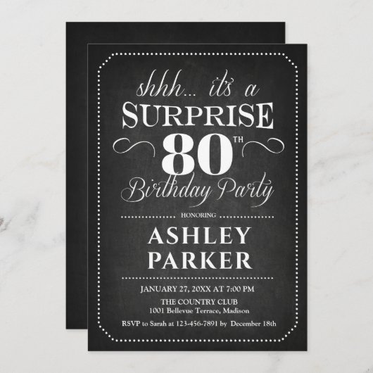 Verrassing 80ste verjaardag - Chalkboard Zwart Wit Kaart (Voorkant / Achterkant)