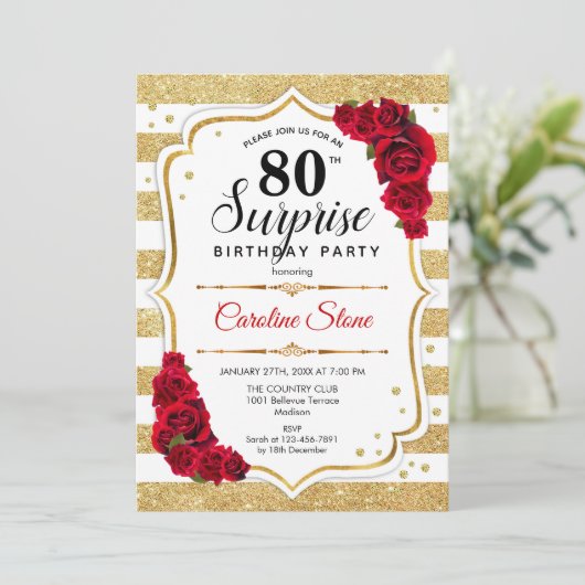 Verrassing 80ste verjaardag - Goud Wit Rood Kaart (Staand voorkant)