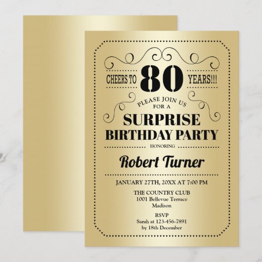 Verrassing 80ste verjaardag - Goud Zwart Kaart (Voorkant / Achterkant)