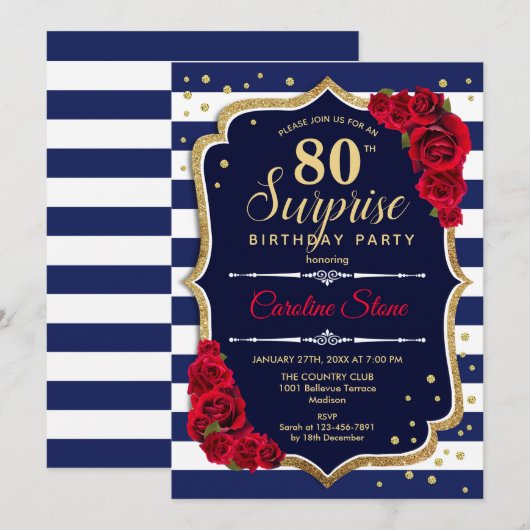 Verrassing 80ste verjaardag - Navy Wit Rood Kaart (Voorkant / Achterkant)