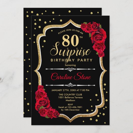 Verrassing 80ste verjaardag - Zwart Goud Rood Uitn Kaart (Voorkant / Achterkant)