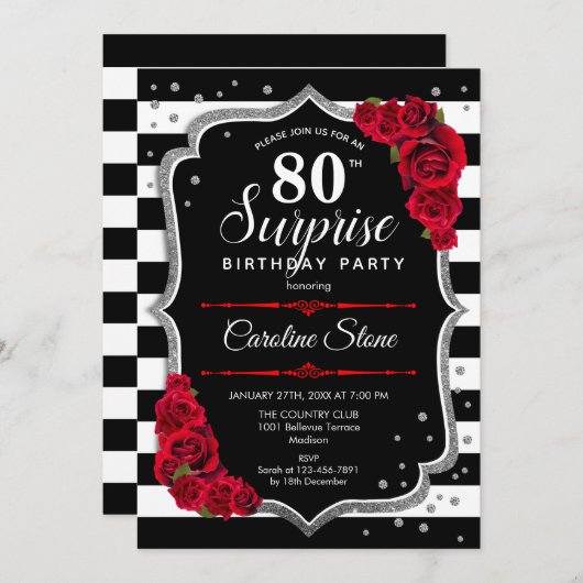 Verrassing 80ste verjaardag - Zwart Wit Rood Kaart (Voorkant / Achterkant)