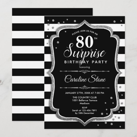 Verrassing 80ste verjaardag - Zwart Wit Zilver Kaart (Voorkant / Achterkant)