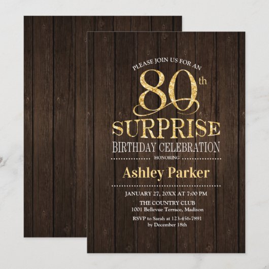Verrassing 80ste Verjaardagsfeest - Goud Hout Kaart (Voorkant / Achterkant)