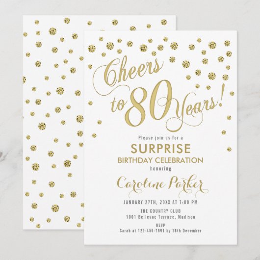 Verrassing 80ste Verjaardagsfeest - Goud Wit Kaart (Voorkant / Achterkant)