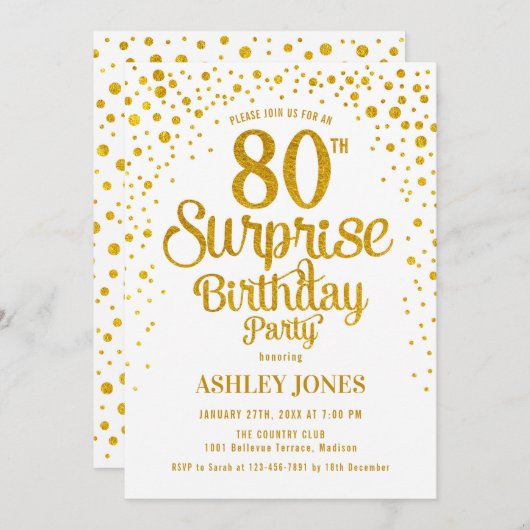 Verrassing 80ste Verjaardagsfeest - Goud & Wit Kaart (Voorkant / Achterkant)