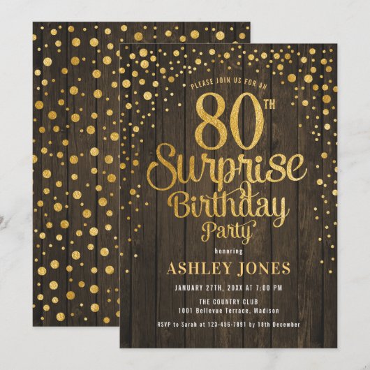 Verrassing 80ste Verjaardagsfeest - Hout & Goud Kaart (Voorkant / Achterkant)
