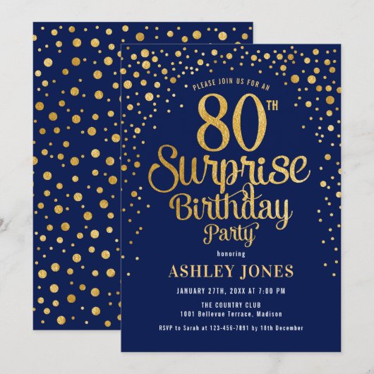 Verrassing 80ste Verjaardagsfeest - Marine & Goud Kaart (Voorkant / Achterkant)