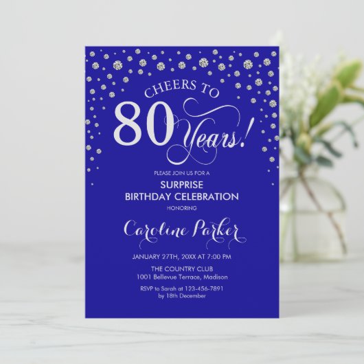 Verrassing 80ste Verjaardagsfeest - Royal Blue Sil Kaart (Staand voorkant)