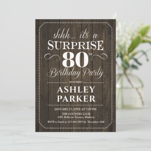 Verrassing 80ste Verjaardagsfeest - Rustiek Hout Kaart (Staand voorkant)