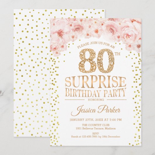 Verrassing 80ste Verjaardagsfeest - Wit Goud Roze Kaart (Voorkant / Achterkant)