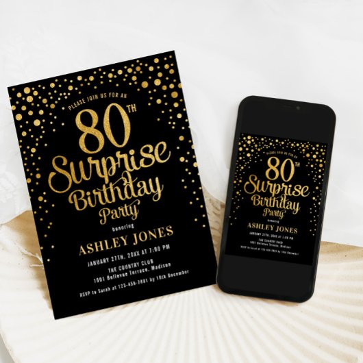 Verrassing 80ste Verjaardagsfeest - Zwart & Goud Kaart