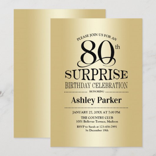 Verrassing 80ste verjaardagsfeestje - Goud Kaart (Voorkant / Achterkant)
