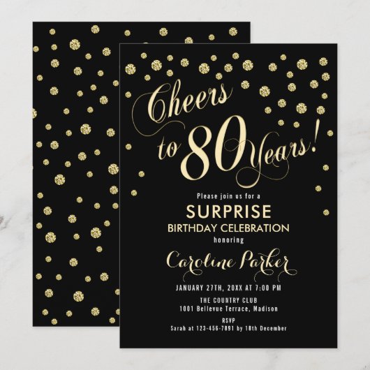 Verrassing 80ste verjaardagsfeestje - Goud Zwart Kaart (Voorkant / Achterkant)