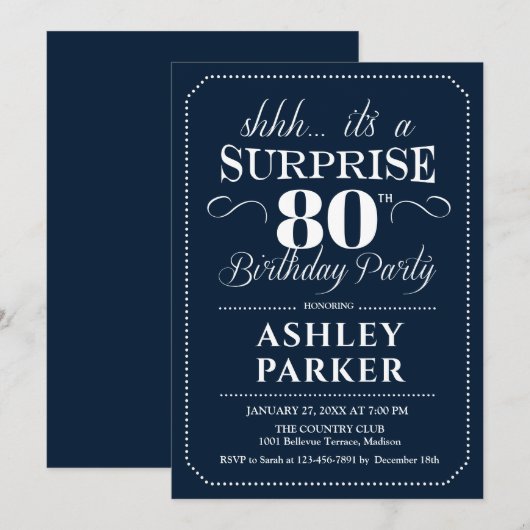 Verrassing 80ste verjaardagsfeestje - Navy White Kaart (Voorkant / Achterkant)