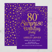 Verrassing 80ste Verjaardagsfeestje - Paarse & Gou Kaart (Voorkant / Achterkant)