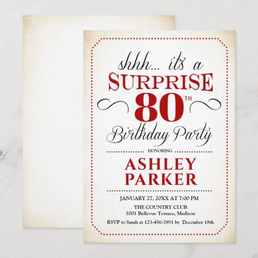 Verrassing 80ste verjaardagsfeestje - wit rood zwa kaart (Voorkant / Achterkant)